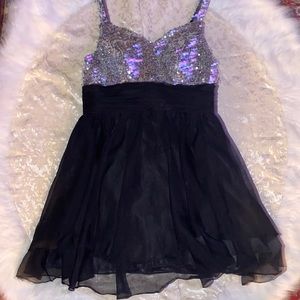 Maggie Tang Black chiffon corset silver sequin bodice dress. Size 8.
